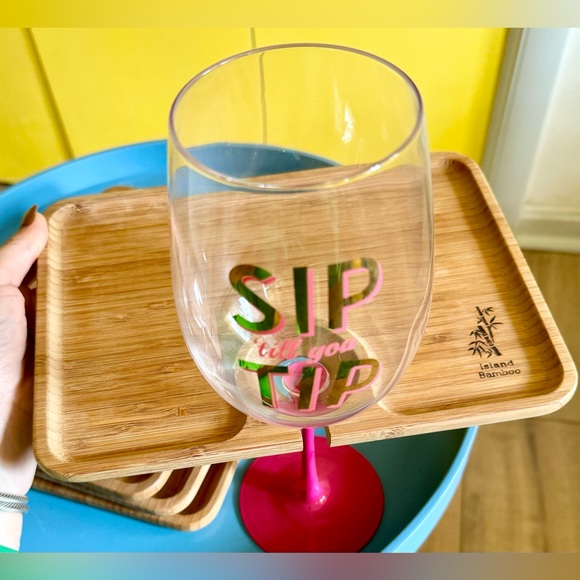 NWOT Bamboo Hors d'oeuvres Plate with Wine Glass Holder: Set 4 - Picture 3 of 13